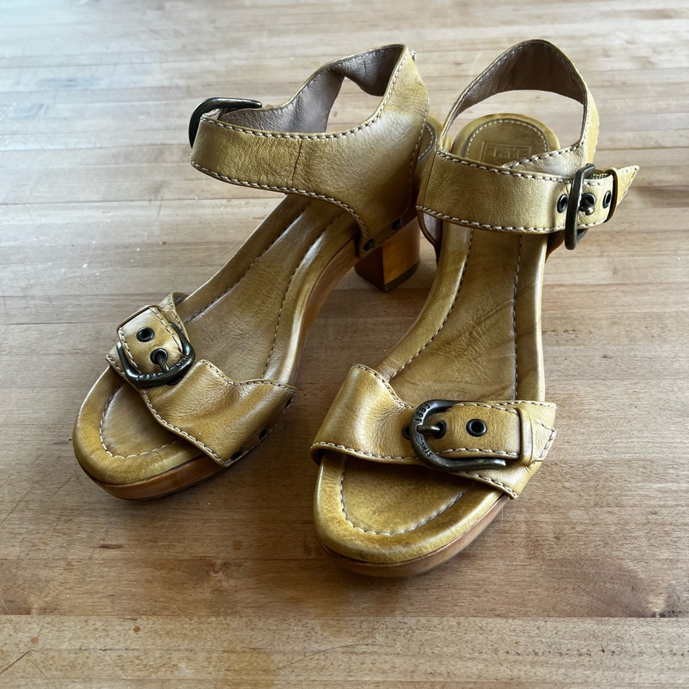 Frye Tan Gold Chunky Heel Sandals with Ankle Straps